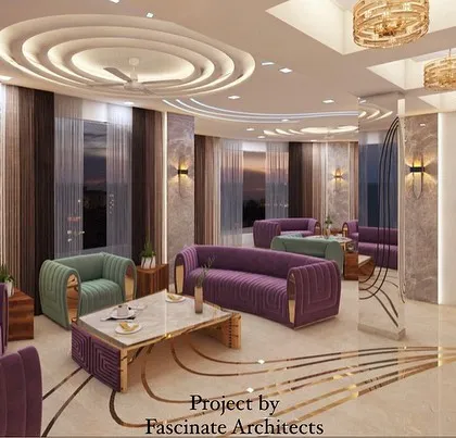 Another view of the ambitious ceiling concept, showing how the curved forms and lighting can create a dynamic and fluid feel throughout a large living space.