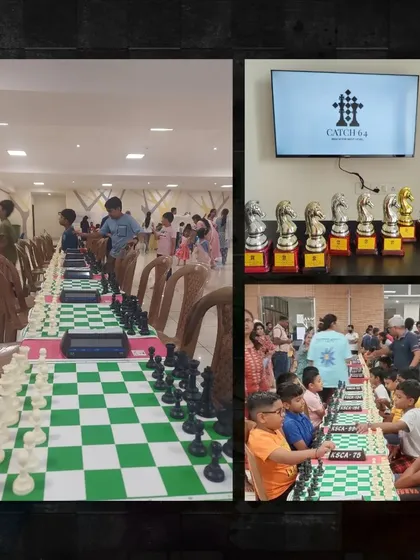 We handle every detail of tournament organization. This collage shows the professional setup at the PT Ganeshotsav 2023 event, from the long rows of chessboards and clocks to the impressive display of trophies awaiting the winners.