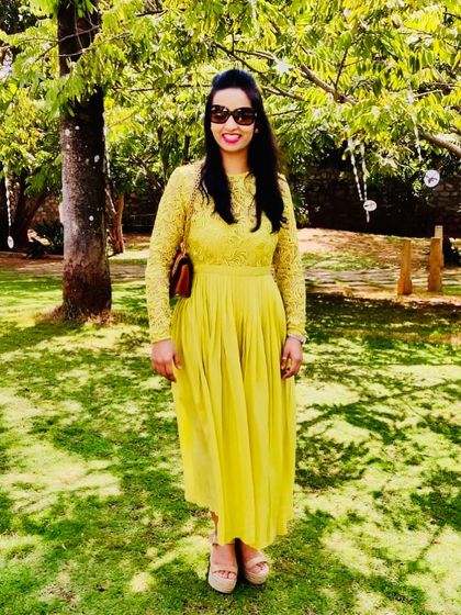 Our client Devika spreading some summer cheer in a custom yellow lace and chiffon dress.
