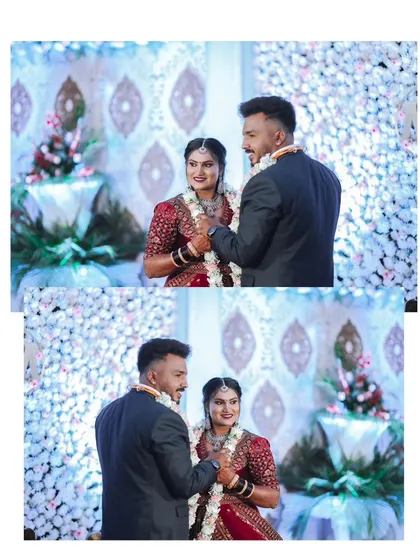 A beautiful two-photo collage of the couple exchanging garlands during their wedding ceremony. This is a key ritual that I capture from multiple angles.