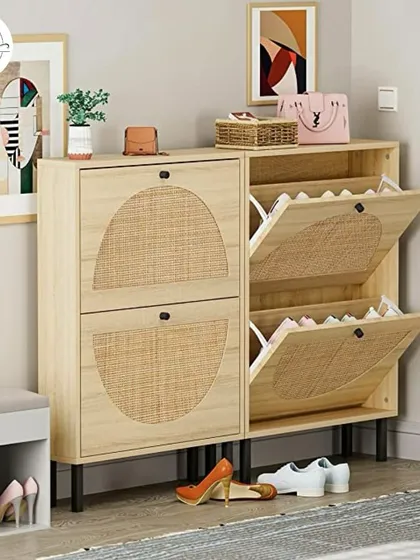 This tilt-out shoe cabinet is another great example of smart storage. Its slim profile is perfect for narrow hallways, and the rattan finish adds a touch of bohemian charm.