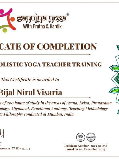 Certificate of completion for a graduate of our 200-hour Holistic YTTC in Mumbai.