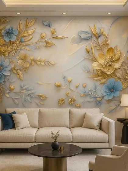 A soft and artistic floral wallpaper design with a mix of blue and gold flowers. The 3D effect makes the petals appear to float off the wall, adding a dreamy and sophisticated touch to the room's decor.