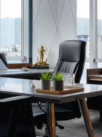 Space utilization is key in a large cabin. Here, I ensured there was plenty of storage to keep the desk area clutter free, while adding finer details like the desk accessories and lighting to set it apart from other offices.