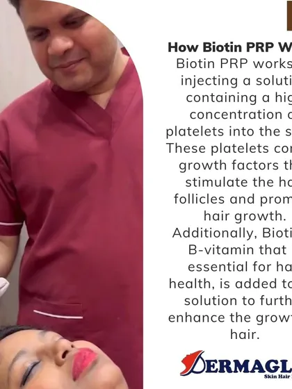 We use Biotin PRP therapy to stimulate dormant hair follicles. The procedure involves injecting a concentration of your own blood platelets, enriched with biotin, directly into the scalp to nourish the follicles and encourage new, healthy hair growth.