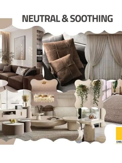 This mood board focuses on a neutral and soothing living room design, blending soft brown and beige colors with natural textures to create a calm and relaxing environment.