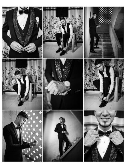 A black and white collage of the groom getting ready. From tying his shoes to adjusting his bow tie, these shots capture the small details of his preparation.