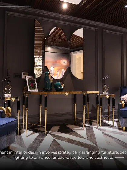 Placement is key in interior design. In this entryway, I've strategically arranged the console table, accent chairs, and mirrors to create a functional and aesthetically pleasing first impression.