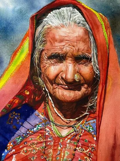 Another angle of the portrait with the colorful red headscarf, showing the interplay of light and shadow across the face.