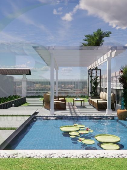 A stunning 3D render of a rooftop oasis. The design includes a seating area under a pergola, a tranquil pond, a vertical garden, and an open lawn, transforming the roof into a multi-functional luxury retreat.
