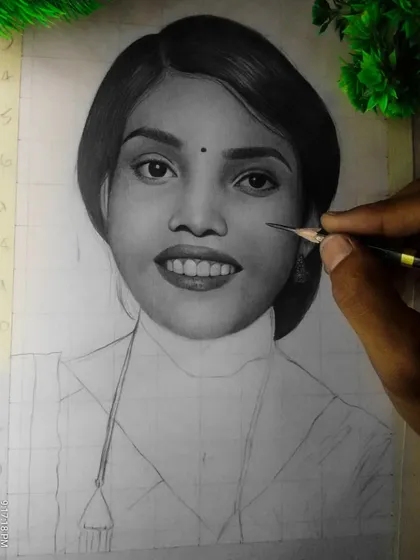 The same commission drawing in progress, with the face fully shaded.