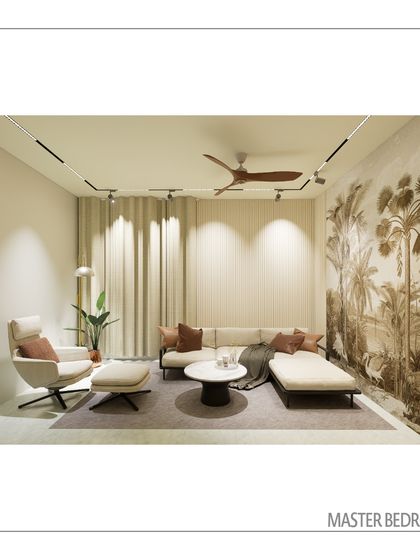 A view of the master bedroom's seating area, featuring a serene palette, fluted wall details, and a striking tropical mural. We designed this space as a peaceful retreat within the home.