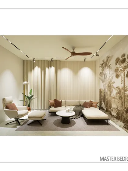 A view of the master bedroom's seating area, featuring a serene palette, fluted wall details, and a striking tropical mural. We designed this space as a peaceful retreat within the home.