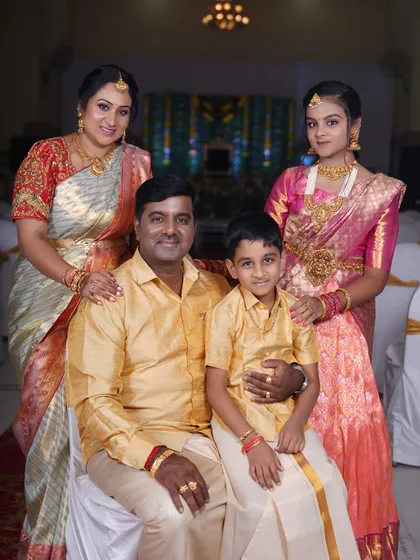 Creating memories for the entire family. I love designing coordinated outfits, like this set for Radha and her family, ensuring everyone looks picture-perfect for their special occasion.