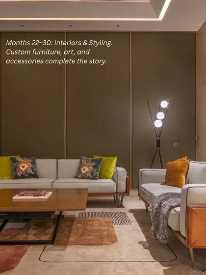 Months 22-30: The final layer is interiors and styling. Custom furniture, art, and accessories are brought in to complete the story and make the house a home.