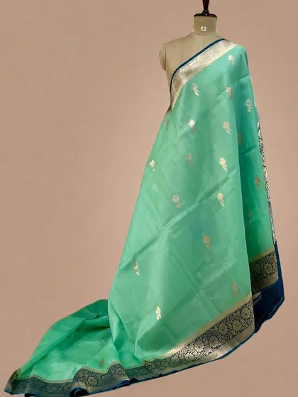 A fresh sea-green pure Kora organza saree with a dark blue traditional Banarasi border.