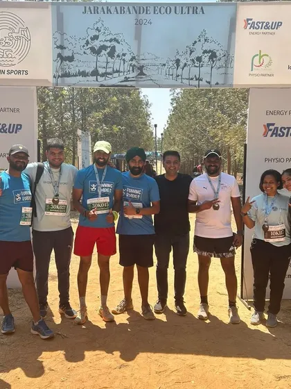 Success is best shared. The Running Roadies team celebrates at the finish line of the Jarakabande Eco Ultra. Our events are built on this sense of camaraderie, where you finish stronger together.