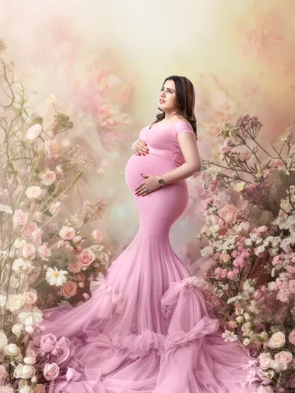 A mother blooming in a secret garden. This portrait surrounds the expectant mother in a sea of soft pink flowers, matching her elegant ruffled gown. We design these elaborate floral sets to create a romantic and whimsical atmosphere for our clients.