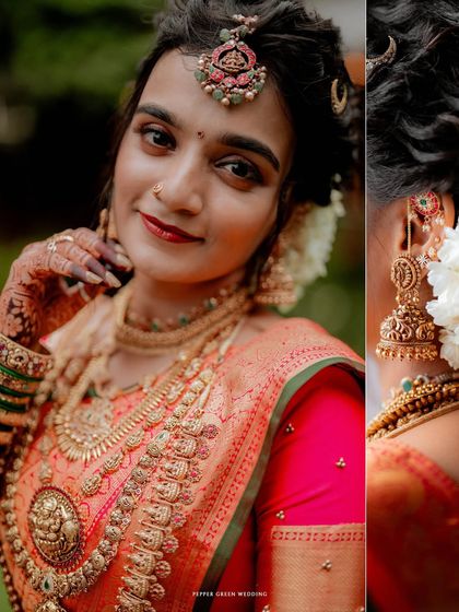 A detailed bridal portrait showcasing the intricate temple jewelry, the beautiful hair adornments, and the bride's radiant expression.