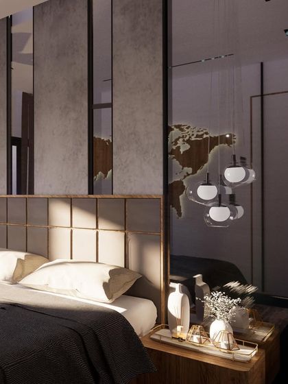 A bedroom concept where texture and reflection play a key role. A concrete-finish wall is paired with dark mirrored panels that create depth and reflect the soft light from the pendant lamps, resulting in a moody and sophisticated ambiance.