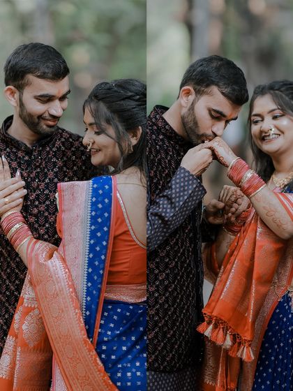 A two-panel image showing the groom admiring his fiancée's ring and then tenderly kissing her hand, capturing gestures of love and commitment.