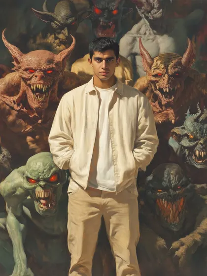 A self-portrait where I stand calmly in front of a horde of demonic creatures. This image, titled '2024/2006', is a comment on dealing with inner demons and anxieties.