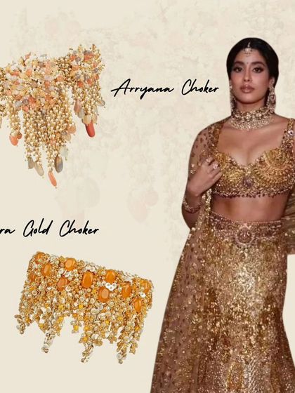 Inspired by the Ambani wedding, here's how you can get Janhvi Kapoor's golden lehenga look. Our Arryana and Moira Gold chokers are the perfect statement pieces to pair with a heavy traditional outfit.