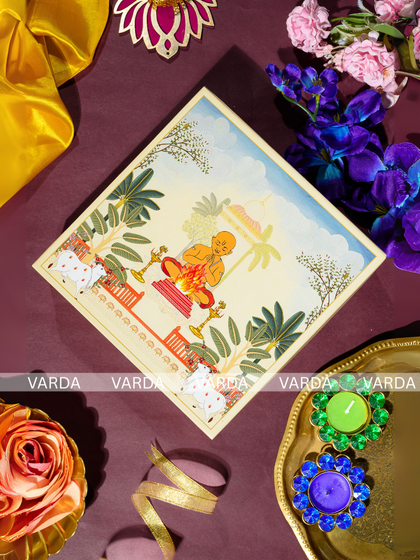 An elegant square invitation card for an Upanayanam ceremony. The central illustration portrays the sacred havan ritual with artistic detail, surrounded by lush foliage, blending tradition with a fresh, contemporary design.