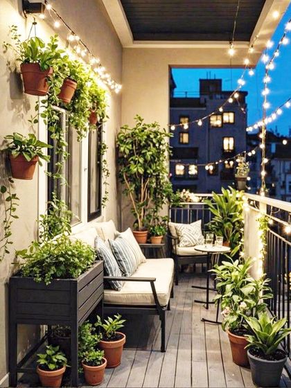 We transformed this compact city balcony into a cozy, magical retreat. With smart use of vertical space, comfortable seating, and warm string lights, even the smallest area can become your favorite spot to unwind.