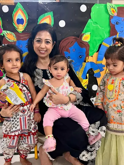 A group of little Radhas and Krishnas. We love capturing these beautiful moments from our Janmashtami workshop, where every child gets to be a part of the celebration.