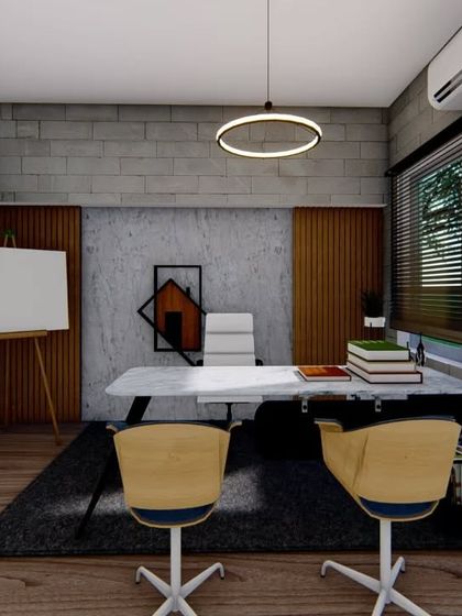 This design for a private office cabin combines modern and industrial elements. The exposed brick texture, wood paneling, and sleek furniture create a professional yet inspiring workspace.