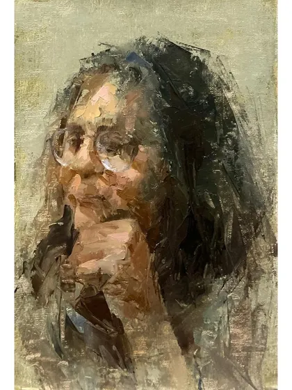 Thinking Transition," an oil on linen portrait. The loose, energetic brushwork is meant to convey the fluid and complex nature of thought and internal reflection.