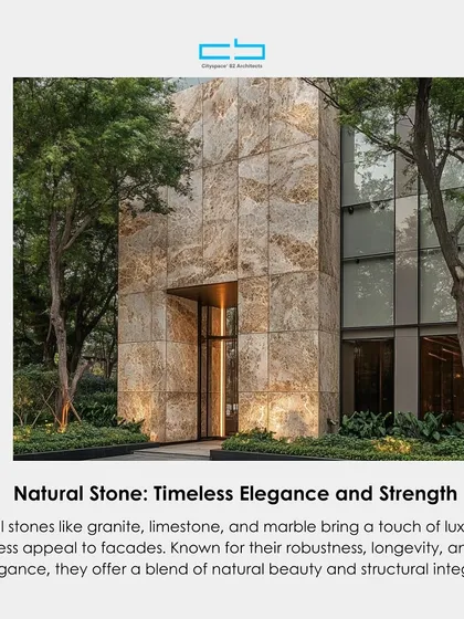 This image discusses the use of natural stone like granite, limestone, and marble in facades. Known for their robustness and longevity, these materials bring a touch of luxury and timeless elegance to any structure.