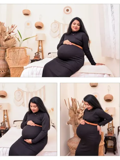 A trio of solo portraits in our Boho bedroom. These different angles and poses highlight the beauty of the baby bump and the serene, happy expression of the mom-to-be.