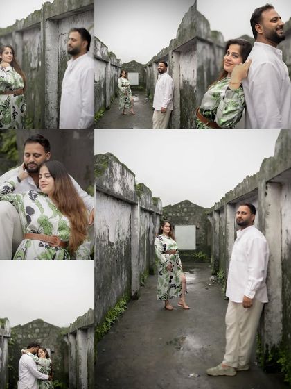 A collage showcasing various poses from a pre-wedding shoot in a rustic, weathered location. It highlights different angles and moods, from playful to romantic.