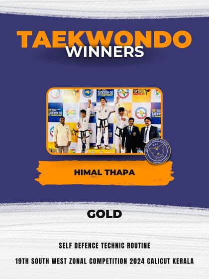 Himal Thapa stands proudly on the podium after winning Gold for his Self Defence Technic Routine at the Zonal Competition. This showcases his versatility and mastery of different Taekwondo disciplines.