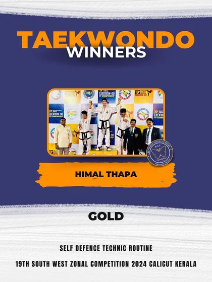 Himal Thapa stands proudly on the podium after winning Gold for his Self Defence Technic Routine at the Zonal Competition. This showcases his versatility and mastery of different Taekwondo disciplines.
