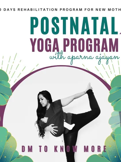 This is my 30-day rehabilitation program designed specifically for new mothers. In this picture, I am doing a balancing yoga pose while carrying my baby, showing that motherhood and self-care can go hand in hand. The program is designed to help you rebuild core strength, heal diastasis recti, and find your balance again.