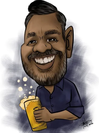 Cheers. A digital caricature of a man enjoying a glass of beer, perfect for a friend who loves a good brew. These make great gifts for any occasion.