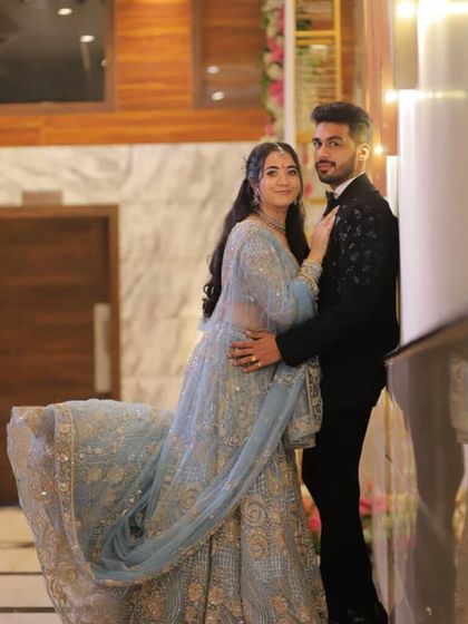 A super awesome picture from Bhumika's engagement. She looks stunning in her powder blue lehenga, with a makeup look that is both natural and glowing.