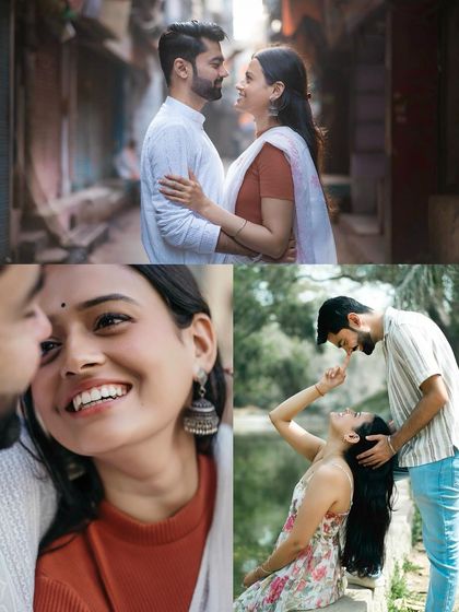 A collage of moments from an urban exploration shoot, from intimate gazes in narrow lanes to playful interactions, telling a diverse city love story.
