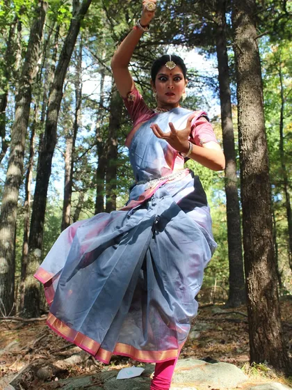 A powerful pose in the forest from my Navratri collaboration with @suta_bombay. The natural setting adds a raw, earthy energy to the dance.