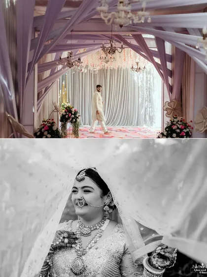 A smiling bride behind her veil and a groom walking into the stunningly decorated venue. These shots capture the anticipation and individual moments before Vidhi and Harsh's union.