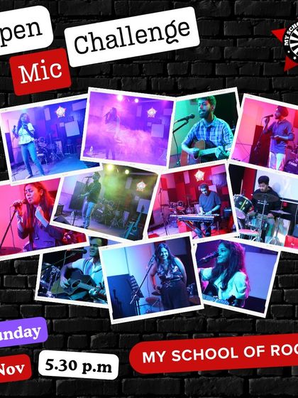 A collage-style poster for Open Mic Challenge 71, inviting performers to aim for the stars and win prizes.