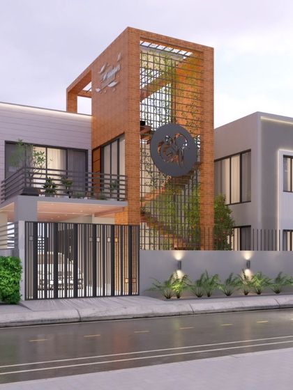An upcoming residence design featuring a prominent brick-clad tower that houses the staircase. This element acts as a central design feature, with a metal screen adding a layer of texture and privacy.