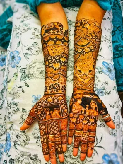 This design shows how I can weave multiple stories into one. The palms feature portraits of the couple, while the arms are filled with scenes and patterns that are meaningful to them, creating a rich tapestry of their journey.