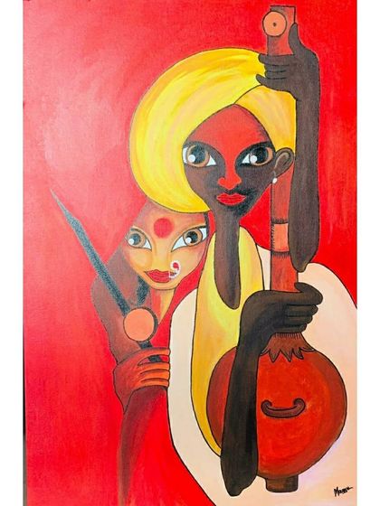 A large, stylized acrylic painting of musicians, inspired by traditional Indian art forms. The bold red background and unique character design make it a powerful statement piece.