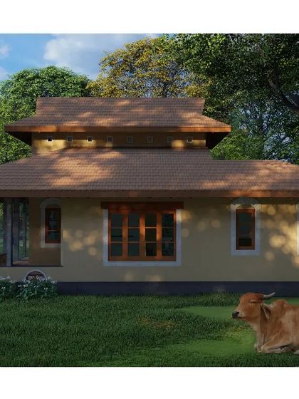 A 3D render of the Doddaballapura farmhouse, showing how the structure sits naturally in its landscape. The design prioritizes a connection to the outdoors, with large windows and a veranda overlooking the farm.