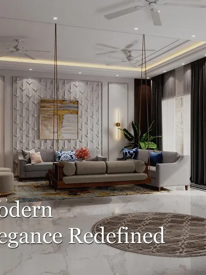 Modern elegance is redefined in this living room, featuring a traditional Indian swing seat alongside contemporary sofas. The textured accent wall and layered lighting create a warm and inviting oasis.