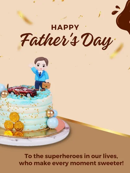 A sweet and simple cake for Father's Day. This design features a fondant figure of a dad in a suit, a miniature car, and gold coins, celebrating him as the family's superhero.